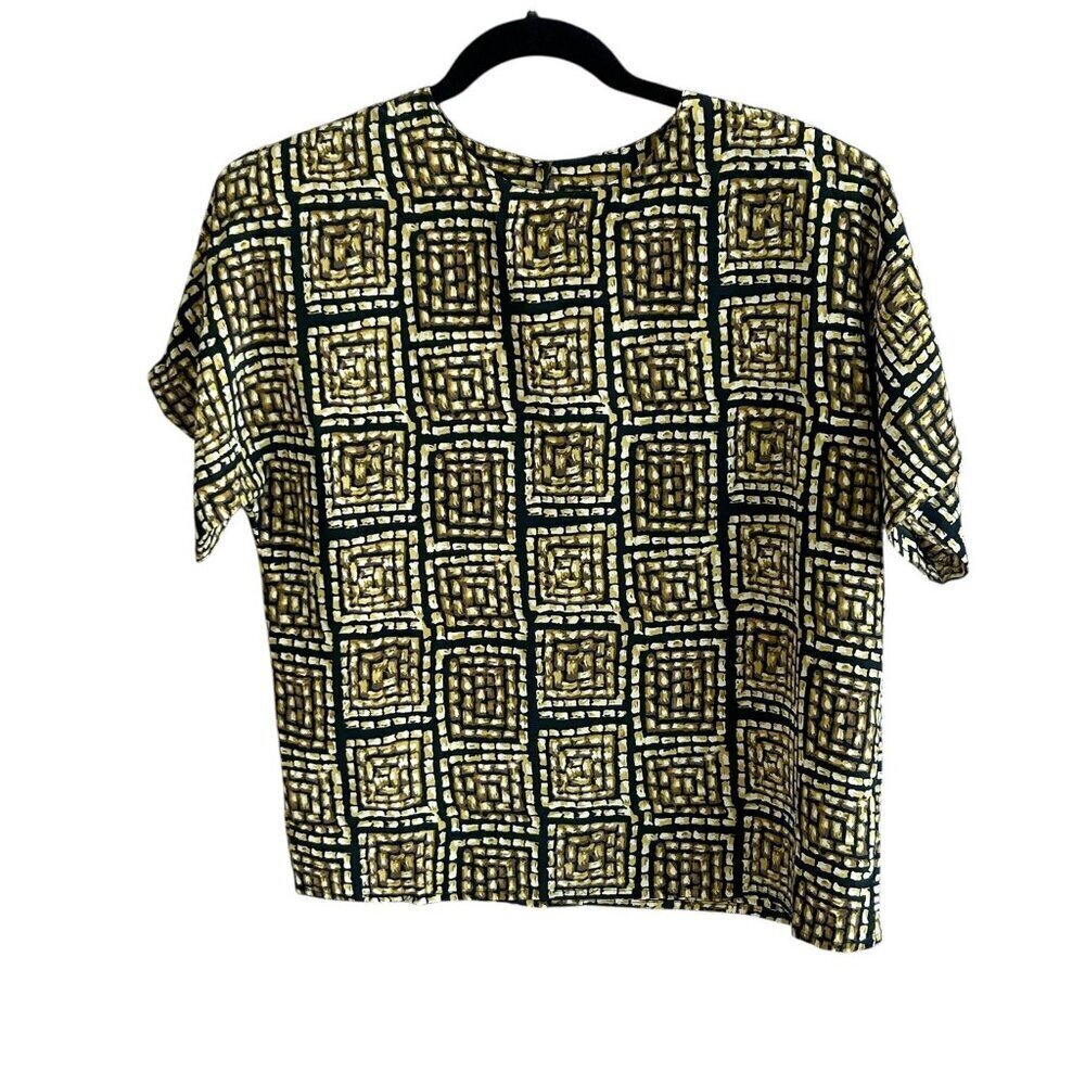 Vintage 80s Che Studio Black and Gold Geometric Short Sleeve Blouse Size Medium